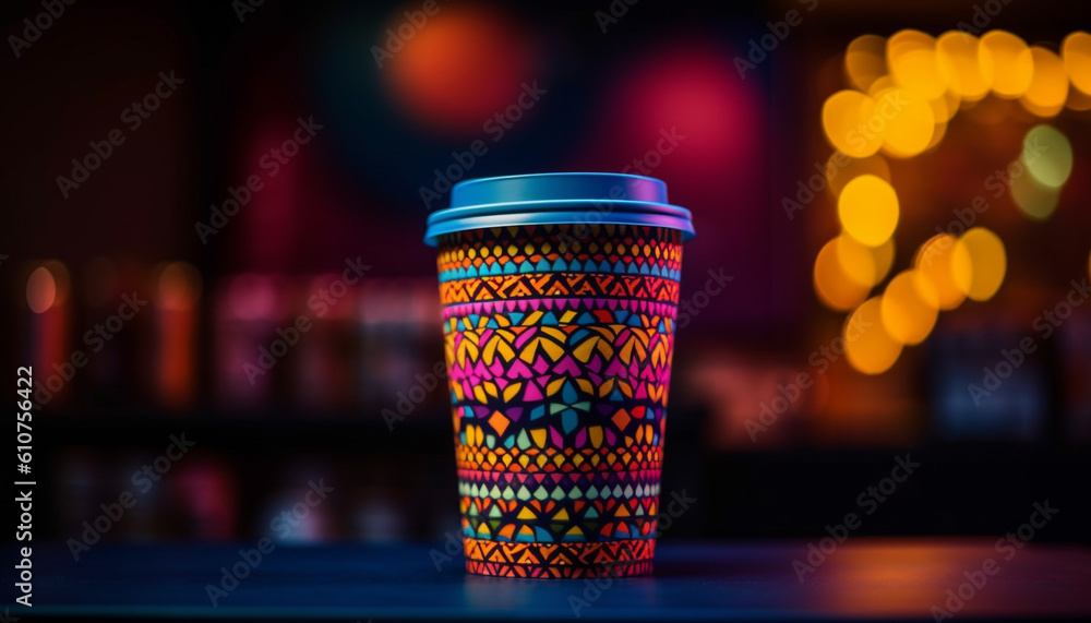 Hot coffee in disposable cup on table, illuminated by blue lighting generated by AI