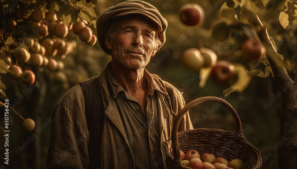 One farmer, outdoors in rural scene, harvesting ripe fruit generated by AI