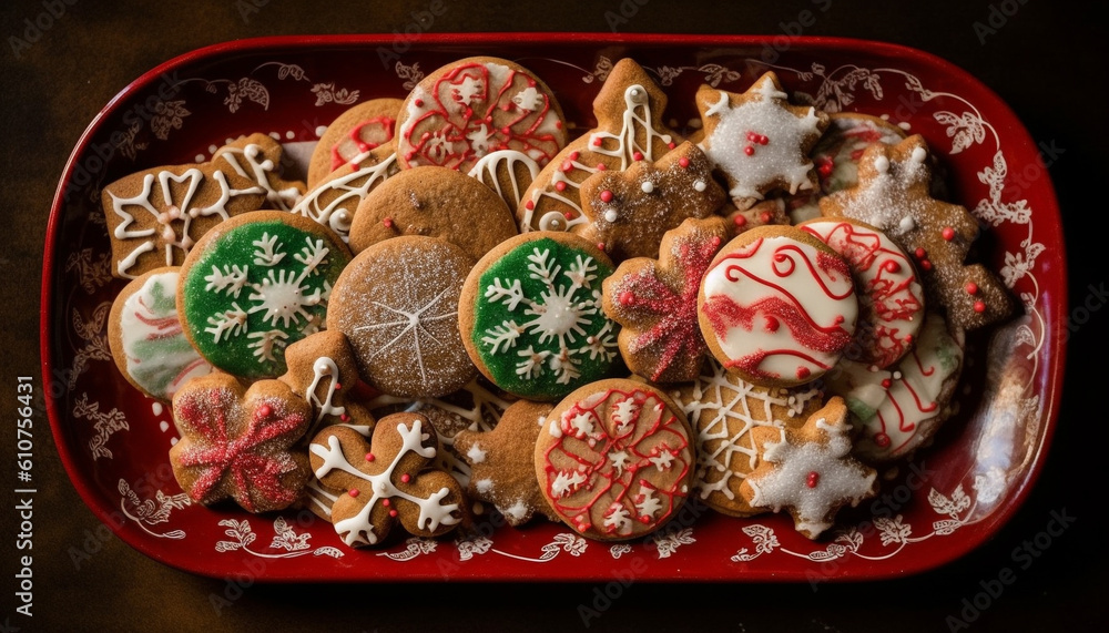 Homemade gingerbread man cookie with snowflake icing decoration on plate generated by AI