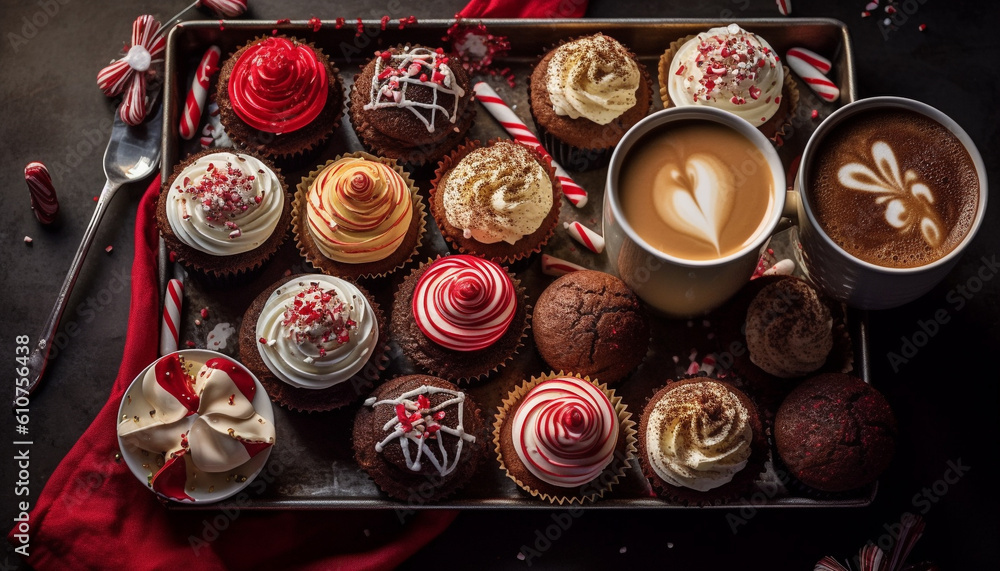 Indulgent dessert table with chocolate, cupcakes, cookies, and coffee generated by AI