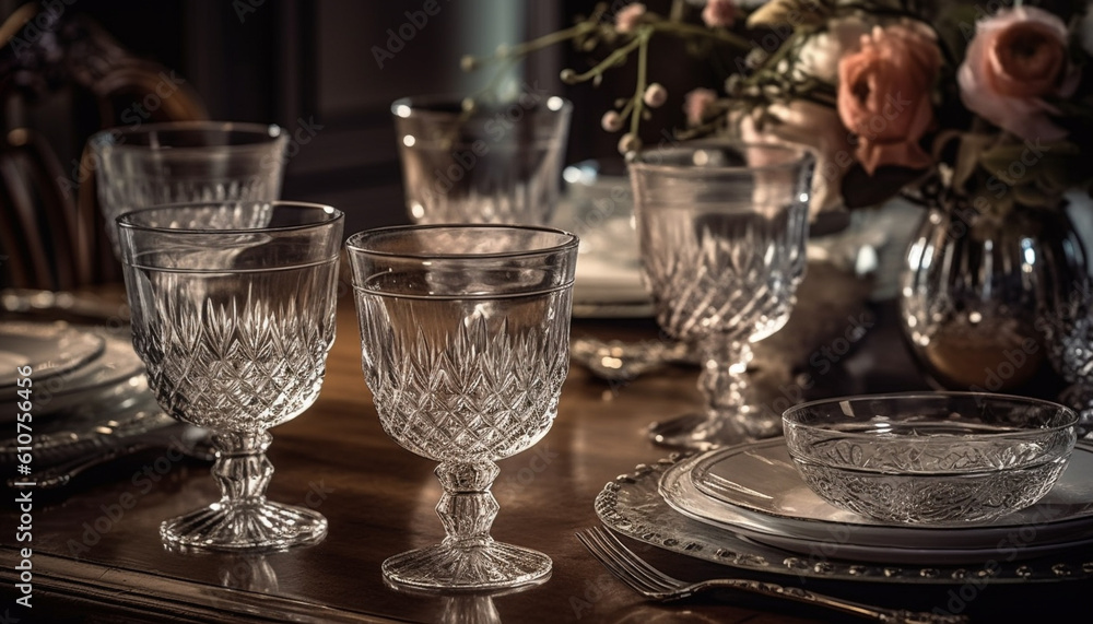 Elegant glassware collection on wooden table for luxurious celebration generated by AI