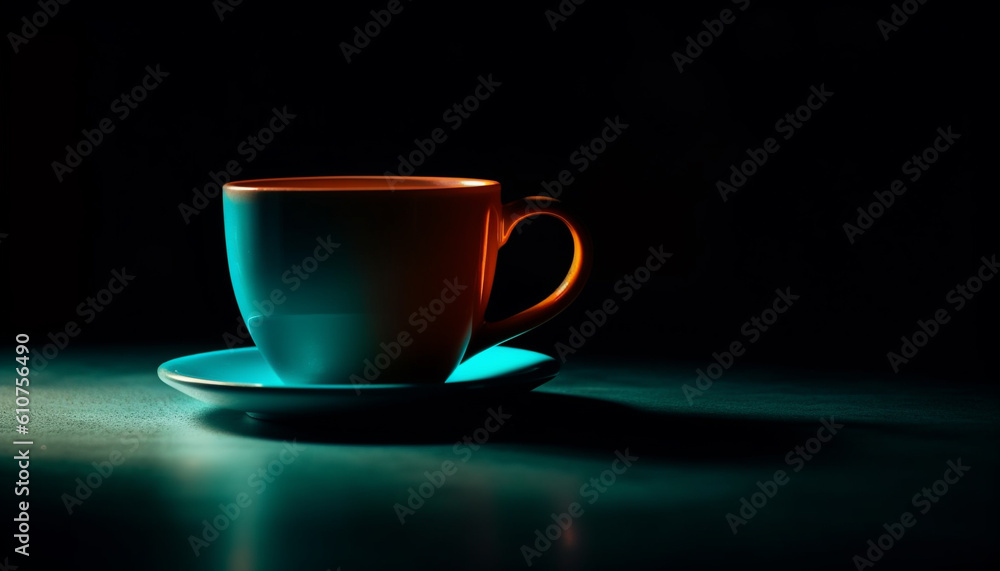 Hot frothy cappuccino on elegant wood table, black background generated by AI