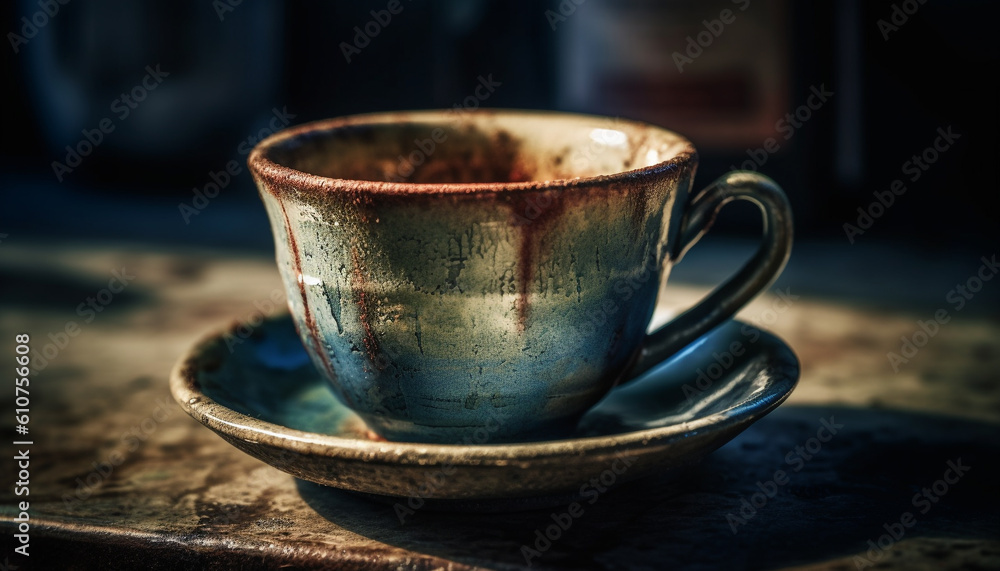 Rustic coffee table with dark mug and saucer, fresh cappuccino generated by AI