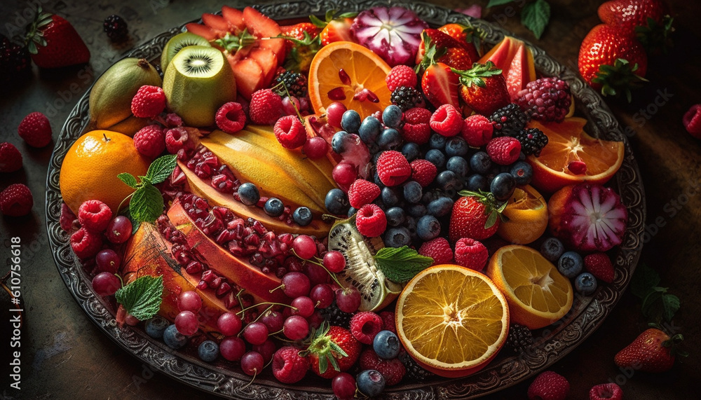 Fresh berry salad with multi colored fruit on a wooden plate generated by AI