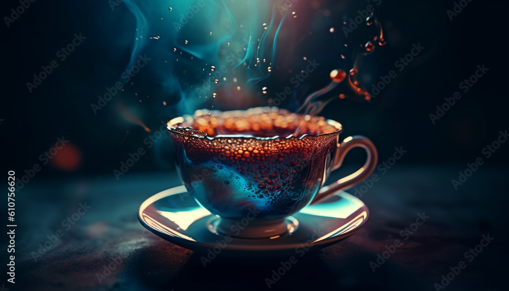 Fresh coffee cup on dark table, steam rising, close up shot generated by AI