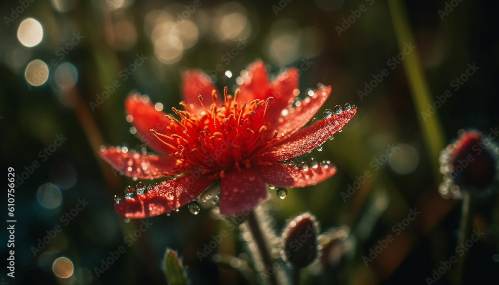 Vibrant wildflower meadow, dew drops on purple and yellow petals generated by AI