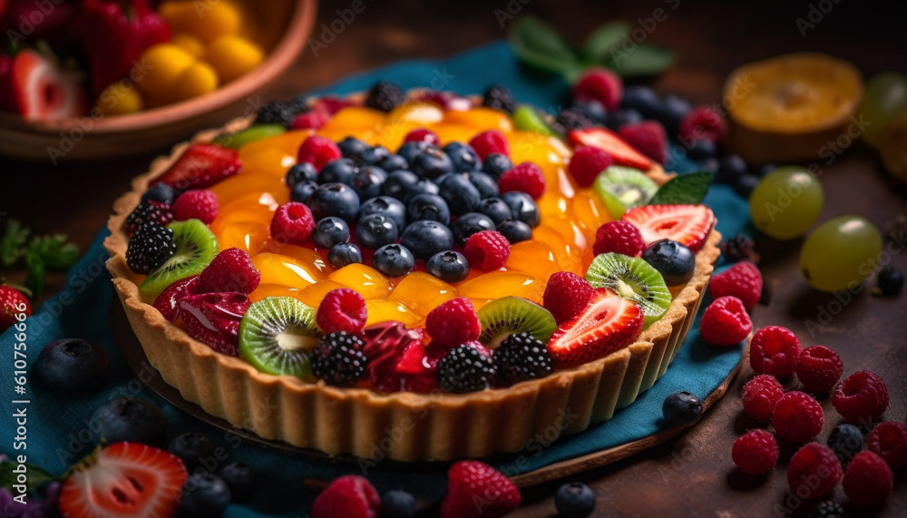 Fresh berry cheesecake with whipped cream and chocolate decoration on wood generated by AI