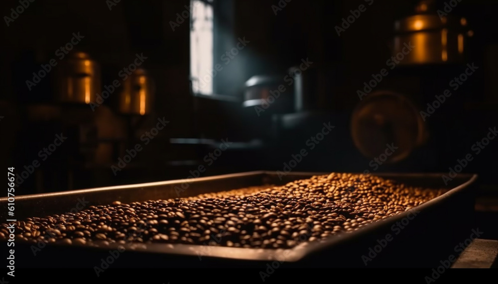 Fresh organic coffee beans in a dark kitchen container generated by AI