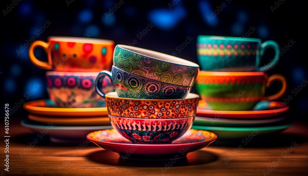 Ornate ceramics collection on wooden table in kitchenware department generated by AI