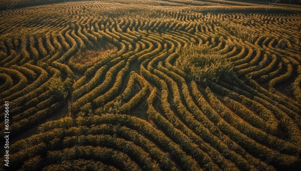 Rolling landscape of rural scene, meadow in a row, yellow growth generated by AI