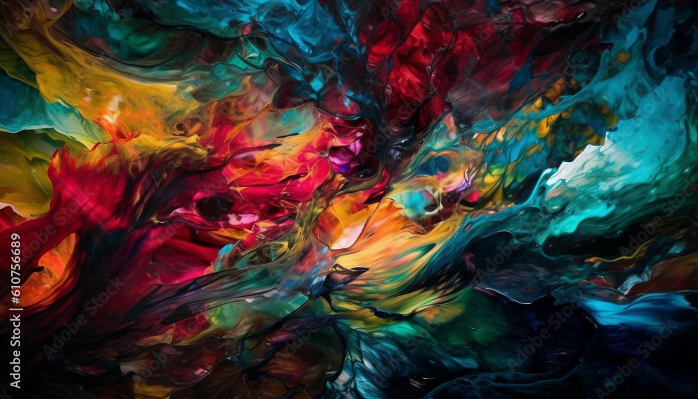 Vibrant colors mix in chaotic abstract backdrop of futuristic design generated by AI