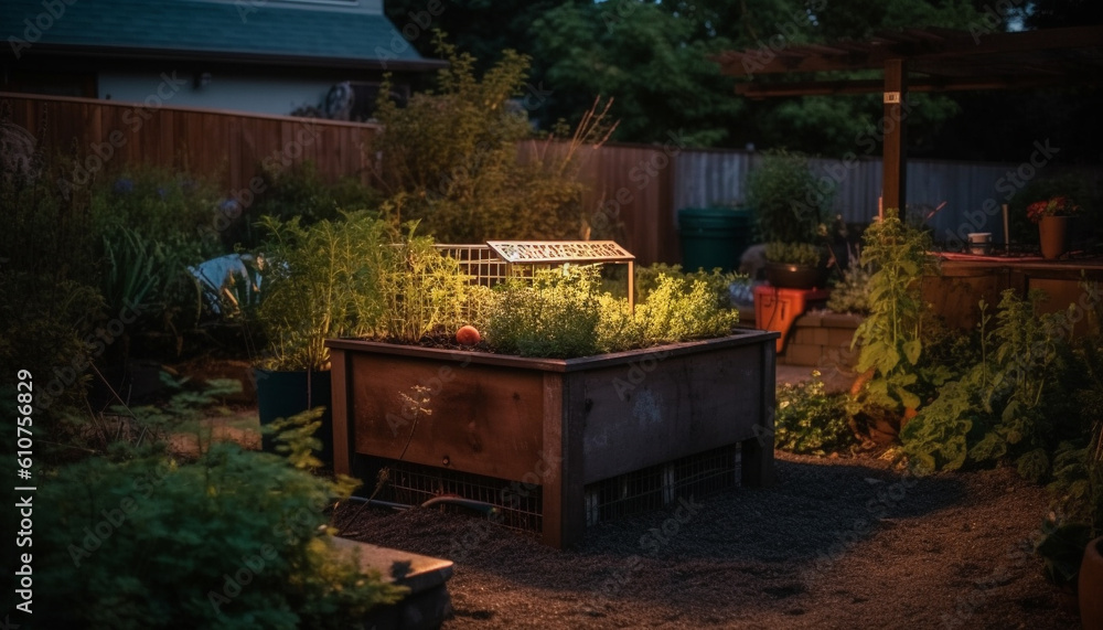 Fresh organic meal cooked on grill in rural backyard meadow generated by AI