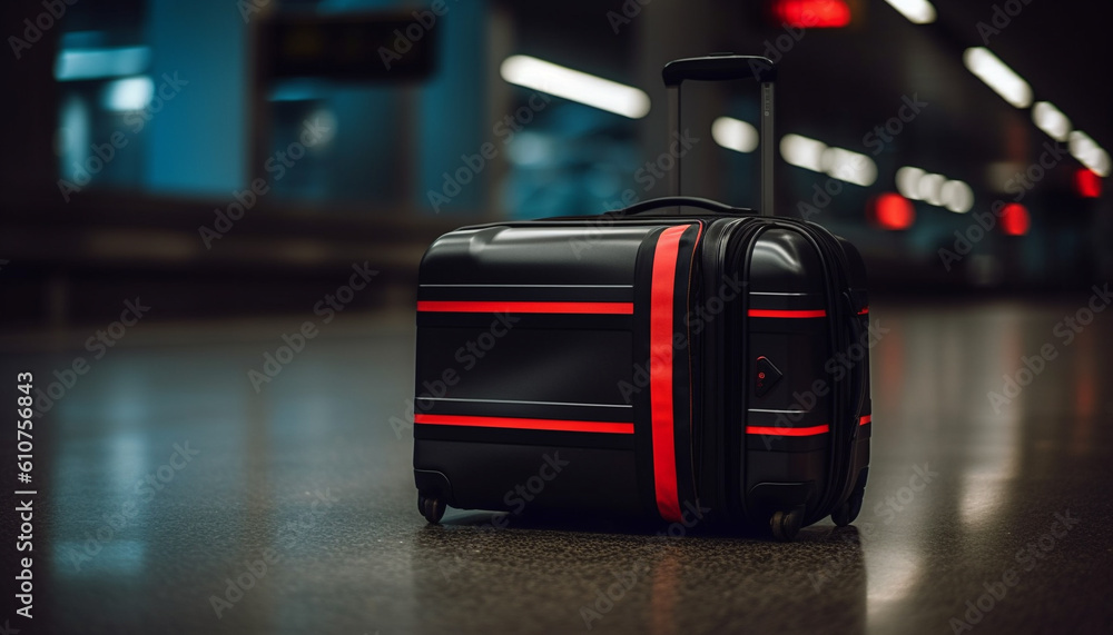 Traveler luggage awaits departure in modern airport terminal generated by AI