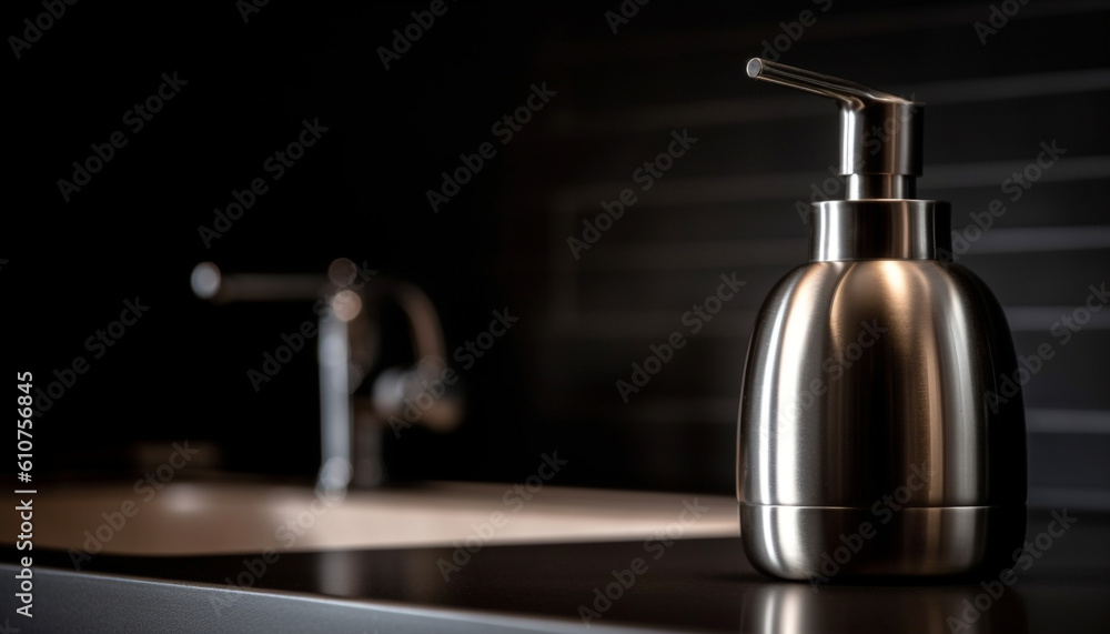 Modern chrome faucet adds elegance to clean, metallic bathroom design generated by AI