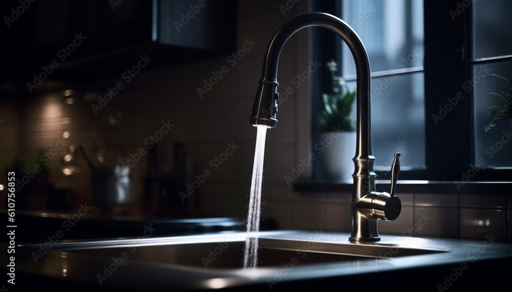 domestic kitchen with stainless steel sink and chrome faucet generated by AI