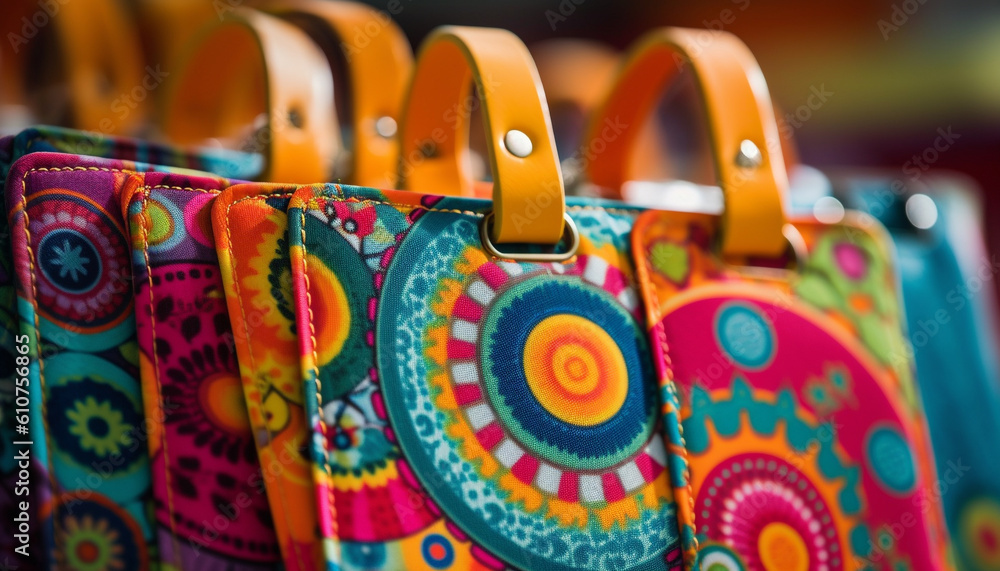 Vibrant multi colored bag collection showcases indigenous cultures ornate patterns generated by AI