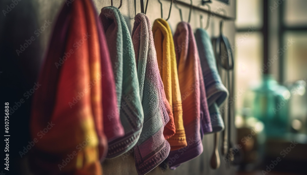 Multi colored textile collection hanging on coathangers in clothing store generated by AI