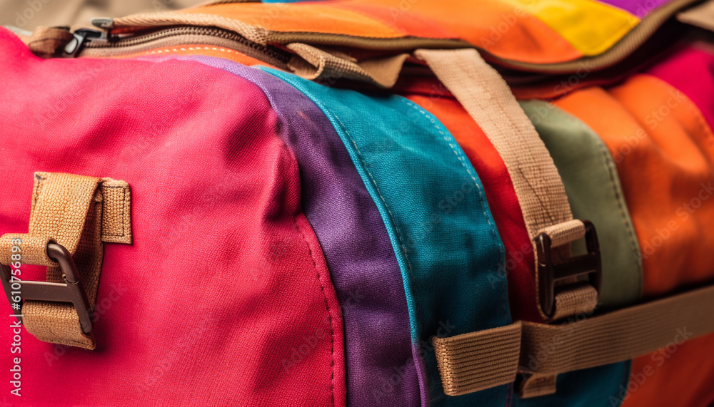 Multi colored garment collection, elegant leather bags with zipper and buckle generated by AI