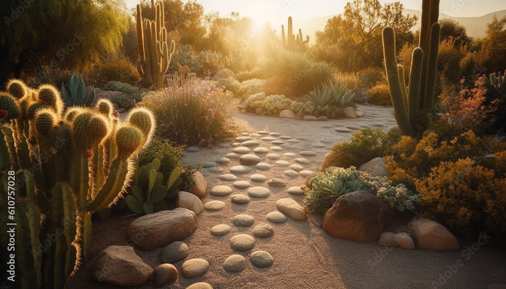 Tranquil scene of landscaped formal garden with multi colored flower heads generated by AI