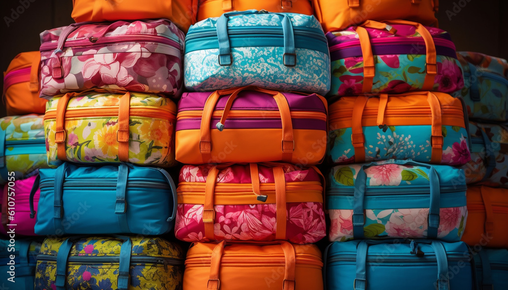 A crowded heap of multi colored luggage for a summer adventure generated by AI