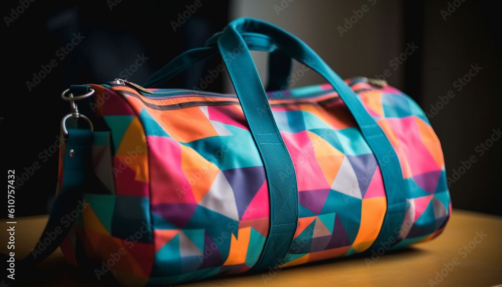 Multi colored backpack with leather handle for fashionable summer travel generated by AI