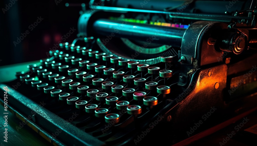 Old fashioned typewriter on metallic table evokes nostalgia for communication equipment generated by