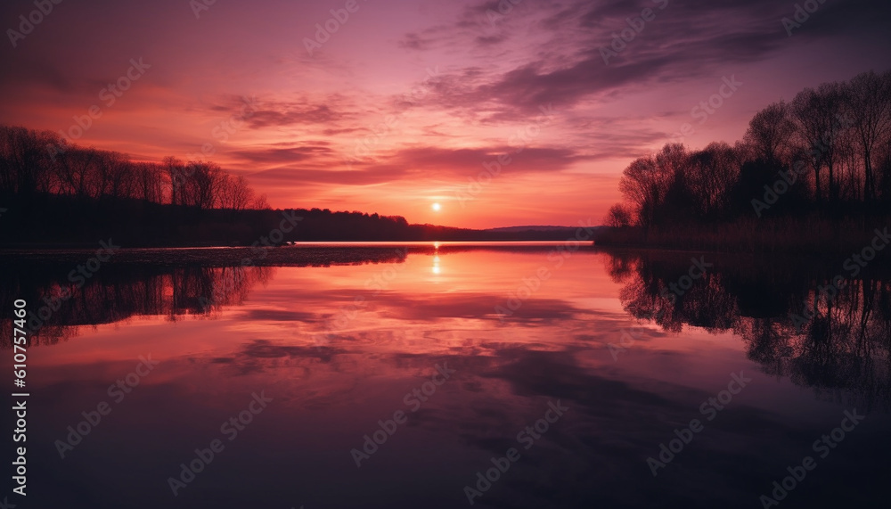 Vibrant sunset over tranquil seascape, an idyllic beauty in nature generated by AI