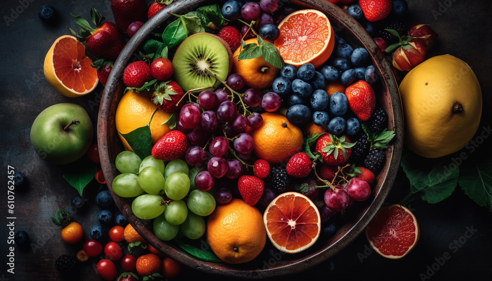 Abundance of juicy, ripe fruit on wood table for healthy lifestyle generated by AI