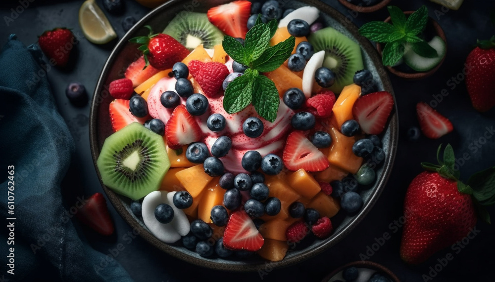 Rustic summer meal Homemade salad with granola, kiwi, and berries generated by AI