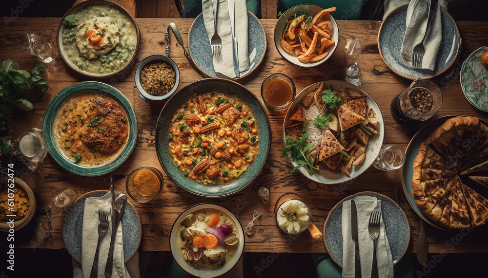 High angle view of a rustic table with grilled meat and vegetables generated by AI