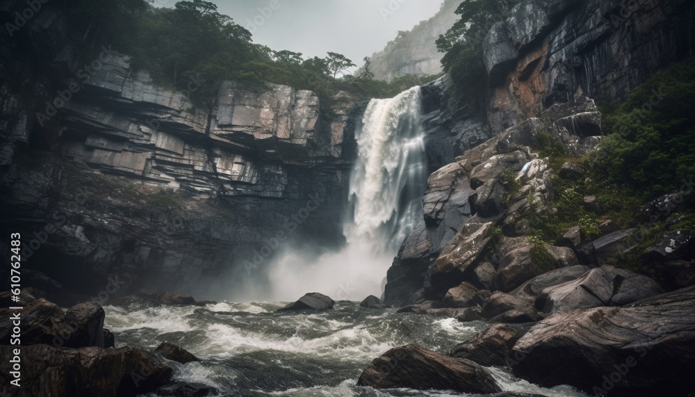 Tranquil scene of majestic mountain range with flowing water and greenery generated by AI