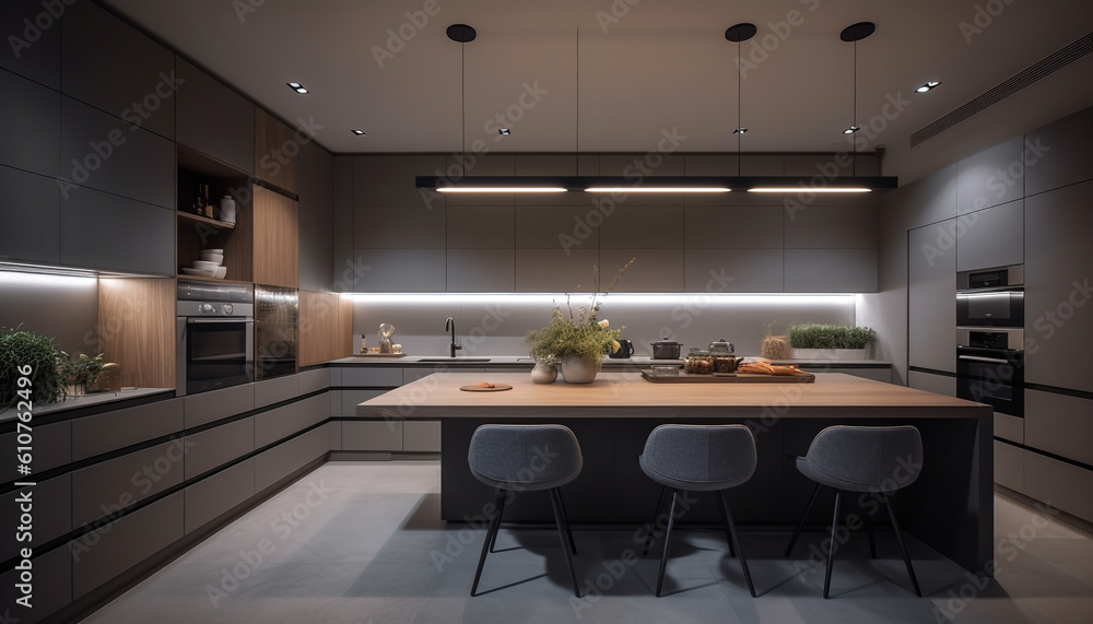 Modern kitchen design with luxury wood flooring and stainless steel appliances generated by AI