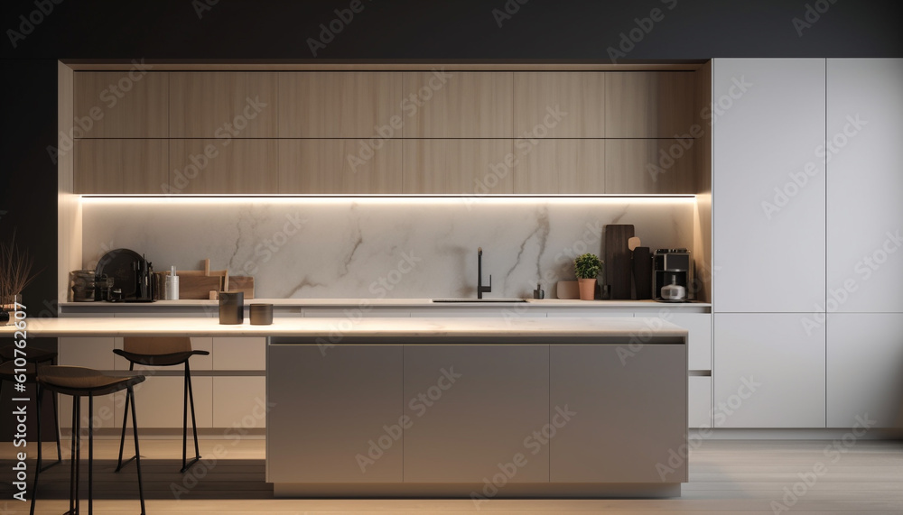 Modern kitchen design with elegant wood table and stainless steel appliances generated by AI