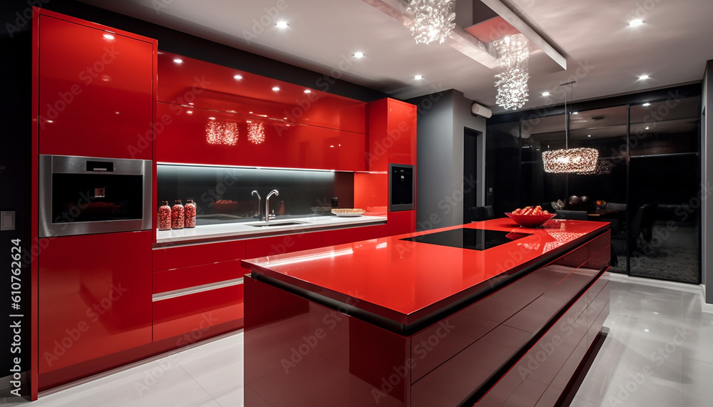 Modern kitchen design with luxury appliances, elegant marble flooring, and bright lighting generated