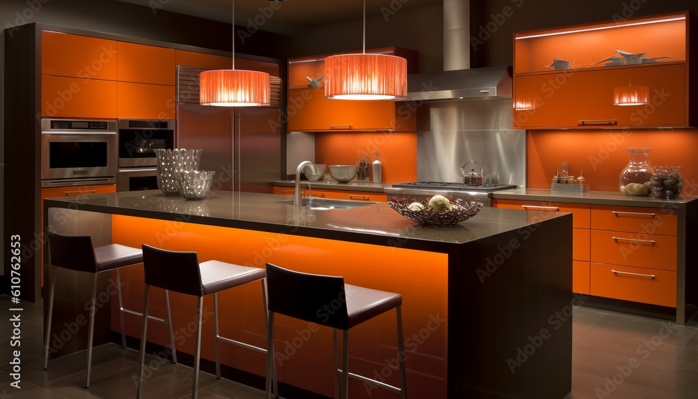 Modern domestic kitchen design with luxury appliances and elegant lighting generated by AI