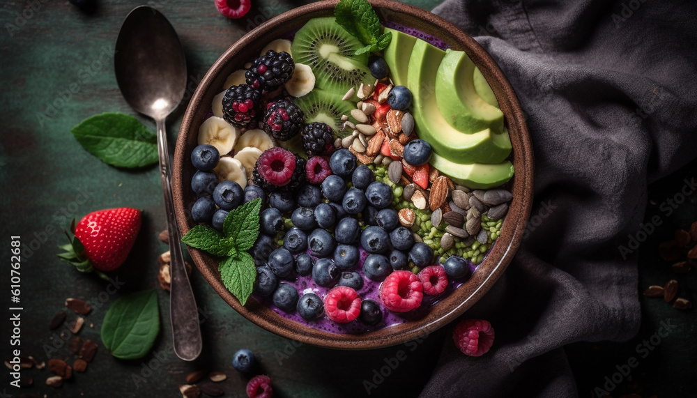 A gourmet berry fruit bowl with organic yogurt and granola generated by AI