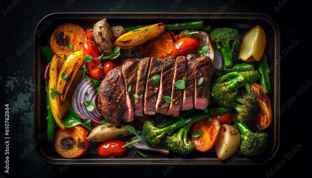 Grilled beef steak with vegetables on cast iron plate generated by AI