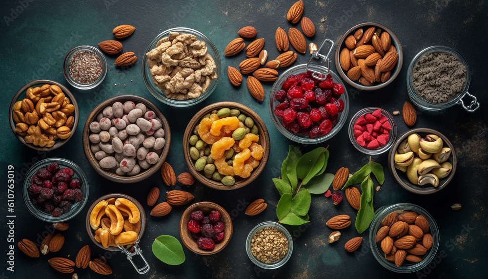 A bowl of nutty gourmet granola with fresh organic fruit generated by AI