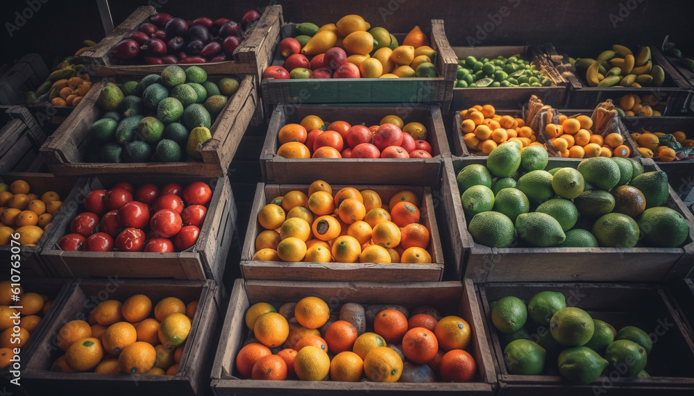 Abundance of juicy, fresh, organic fruits in a supermarket sale generated by AI