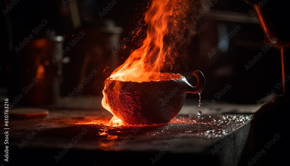 Gourmet meal cooking on hot stove with glowing flame and steam generated by AI