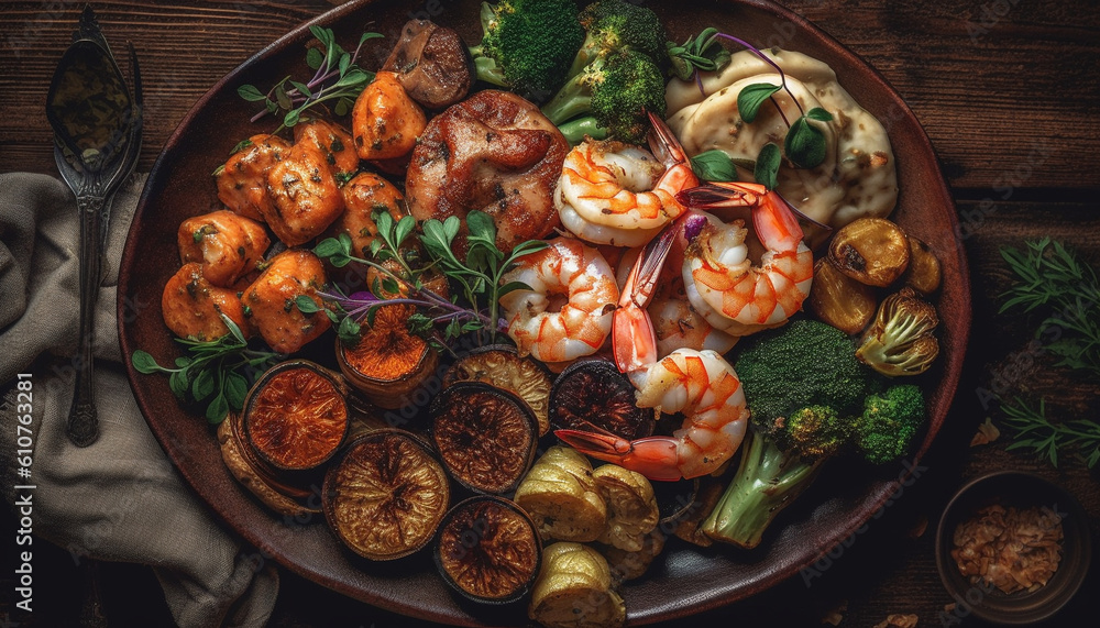 Grilled seafood and vegetables on rustic wooden plate for lunch generated by AI