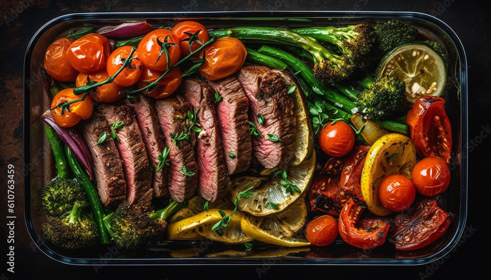 Grilled sirloin steak with fresh vegetables on a summer plate generated by AI