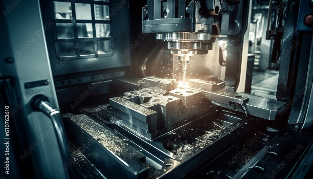 Metal workers use automated machinery for precise cutting and manufacturing generated by AI