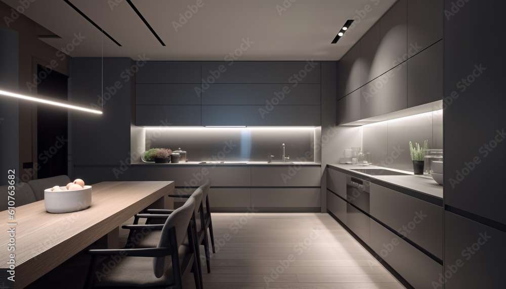 Modern kitchen design with elegant wood flooring and steel appliances generated by AI