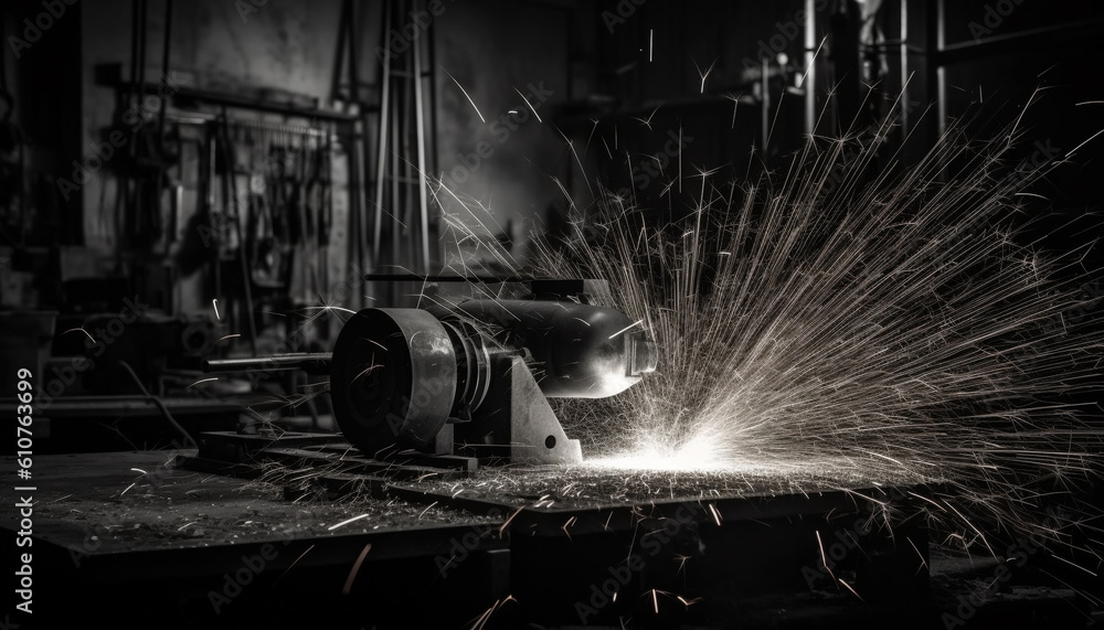 Metal workshop Men working with industrial equipment, welding and cutting metal generated by AI