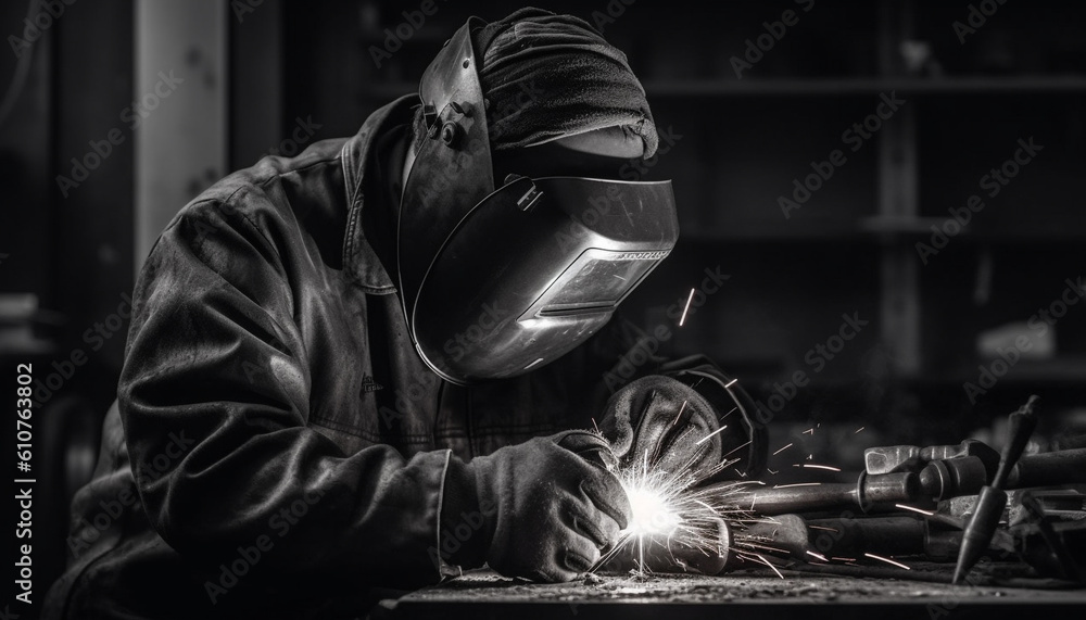 Metal worker welding steel in factory with protective workwear and equipment generated by AI