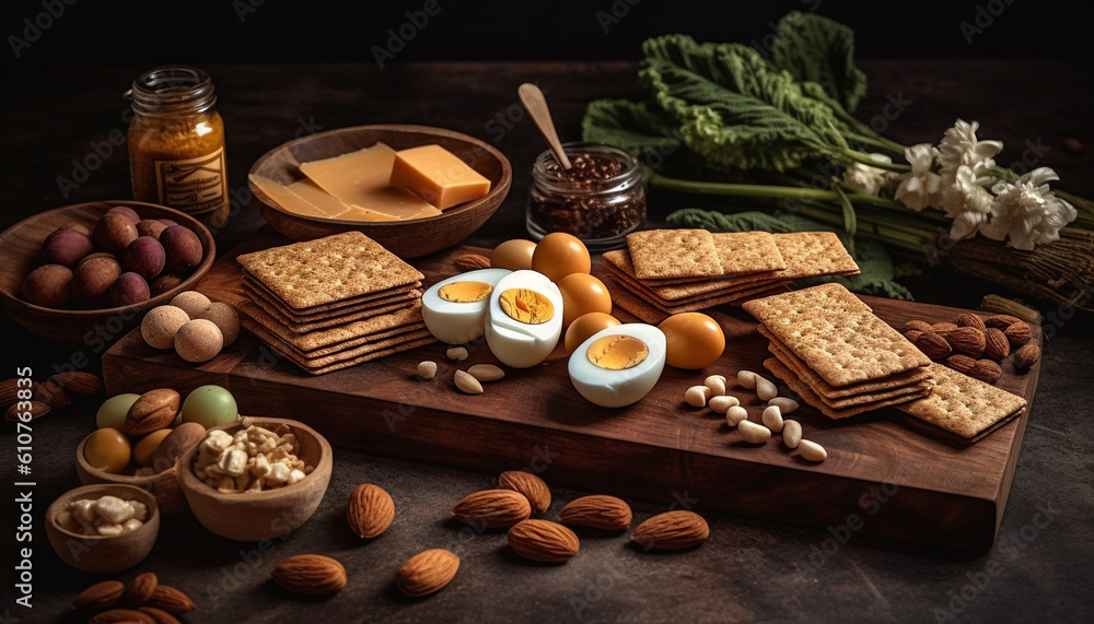 Organic nut bowl on rustic table, a gourmet snack variation generated by AI