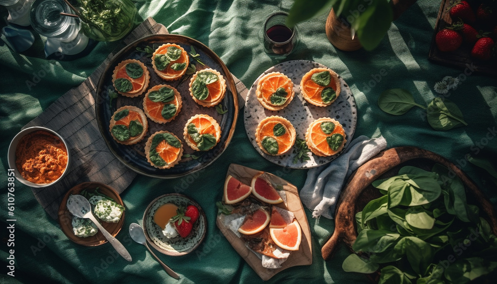 Fresh organic salad with grilled meat on rustic wooden table generated by AI