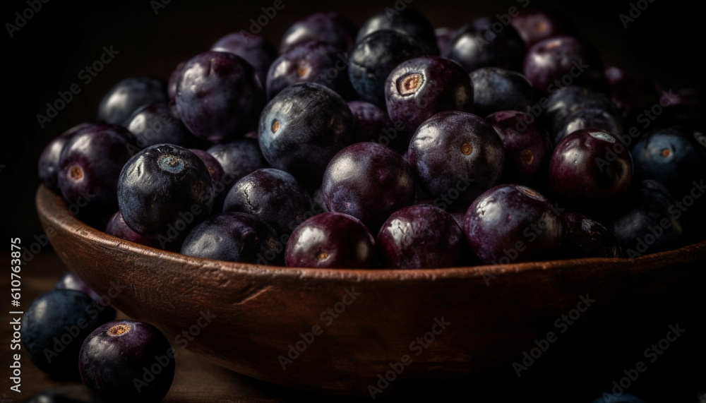 Healthy eating with organic blueberry snack on rustic wooden table generated by AI