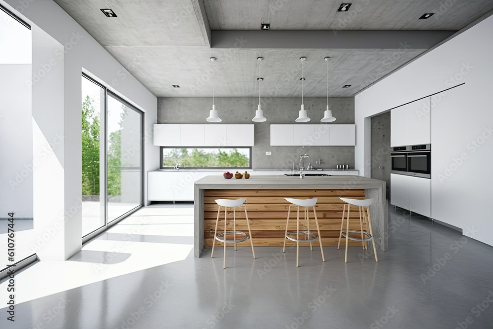 modern kitchen with a spacious center island and elegant white cabinets. Generative AI